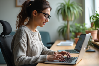 Jeune femme concentrée travaillant sur un ordinateur portable