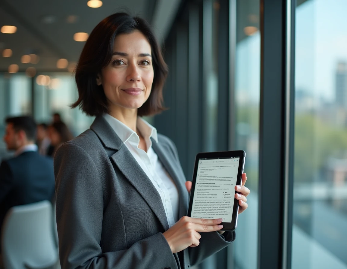 Femme consultant une page wiki automobile sur tablette dans un espace de coworking moderne