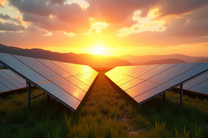 Ferme solaire moderne au lever du soleil avec panneaux solaires