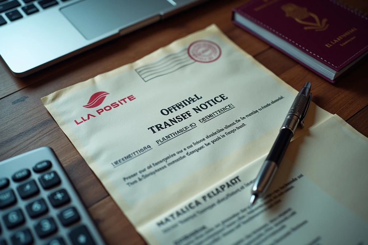Vue aérienne d'un avis de transfert La Poste lié à Infinite Remit Services posé sur un bureau avec passeport et smartphone