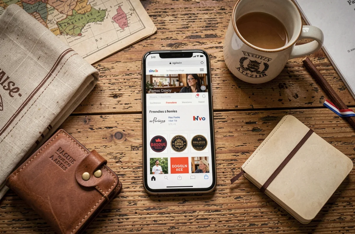 Flat lay de produits artisanaux français autour d'un smartphone affichant un site de référencement de marques made in France sur un bureau en chêne