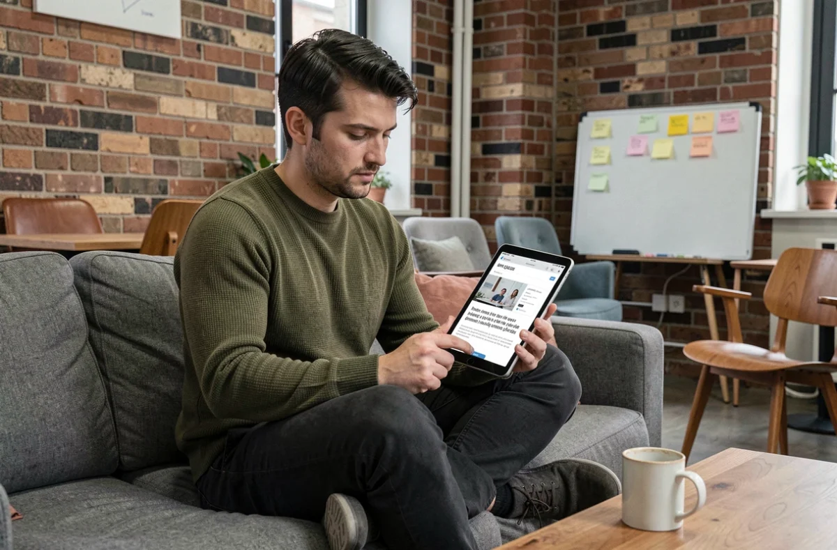 Jeune fondateur de startup lisant un article sur le développement entrepreneurial sur sa tablette dans un incubateur