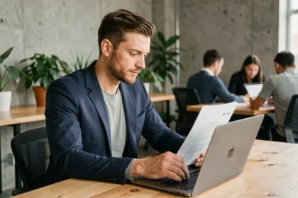 Freelance IT en portage salarial consultant un contrat sur son ordinateur portable dans un espace de coworking moderne