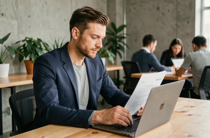Freelance IT en portage salarial consultant un contrat sur son ordinateur portable dans un espace de coworking moderne