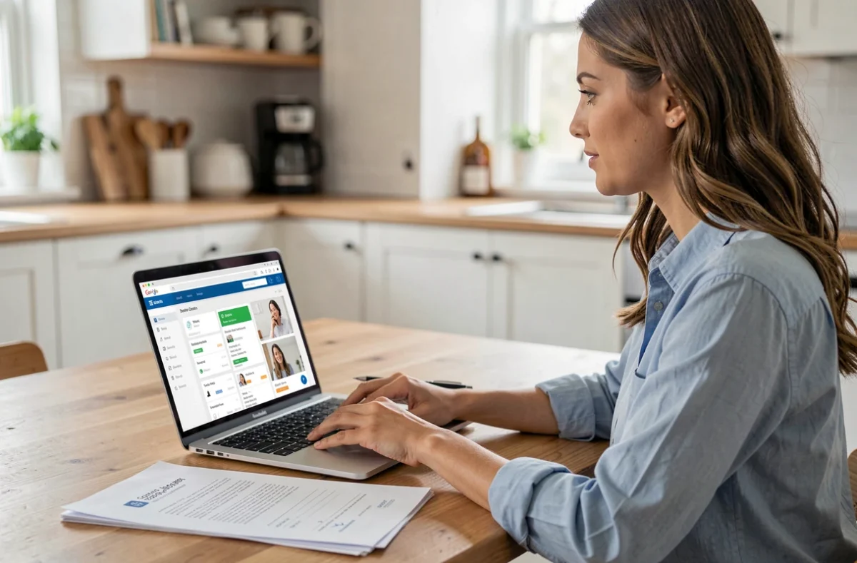 Femme consultant un tableau de bord d'application de livraison sur ordinateur portable avec des documents légaux sur une table de cuisine, symbolisant la gestion administrative du statut auto-entrepreneur en complément d'un CDI