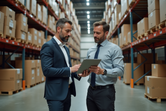 Manager logistique avec tablette dans entrepôt organisé