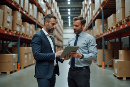 Manager logistique avec tablette dans entrepôt organisé