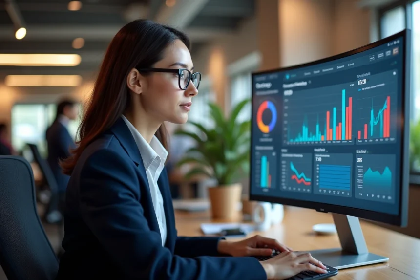Professionnelle analysant une grille tarifaire d'outils IA sur un écran de bureau dans un open space moderne
