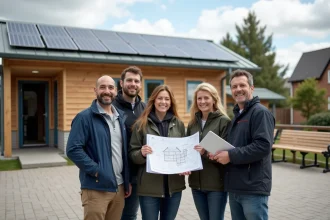 Groupe diversifié devant un bâtiment solaire en extérieur