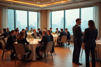 Groupe d'adultes en réunion dans une salle moderne élégante