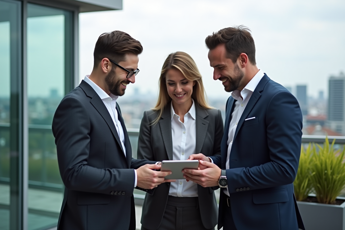 Groupe de professionnels discutant stratégie marketing en extérieur