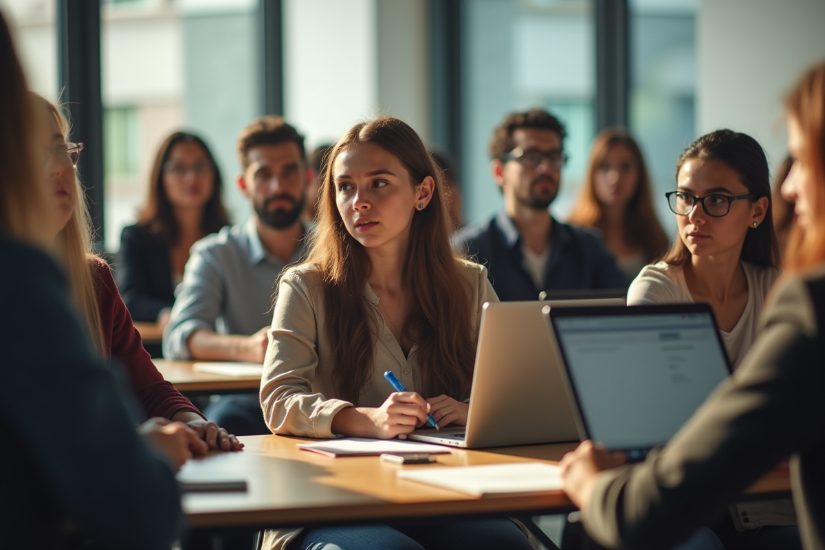 Groupe d etudiants en gestion et comptabilite en classe lumineuse