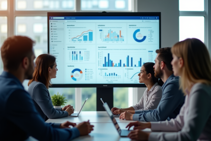 Groupe d'employes en formation ERP dans un bureau lumineux