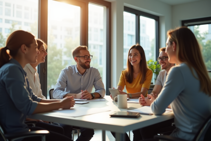 Groupe de professionnels souriants dans un bureau lumineux