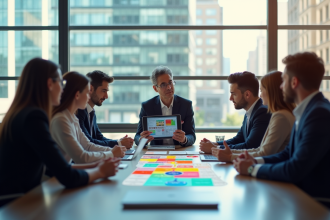 Groupe de professionnels discutant d'une matrice McKinsey en réunion