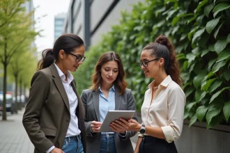 Groupe de trois adultes discutant avec une tablette en extérieur