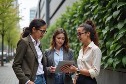 Groupe de trois adultes discutant avec une tablette en ext&eacute;rieur