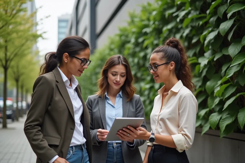 Groupe de trois adultes discutant avec une tablette en ext&eacute;rieur