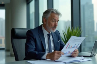 Homme d'affaires en costume navy dans un bureau moderne