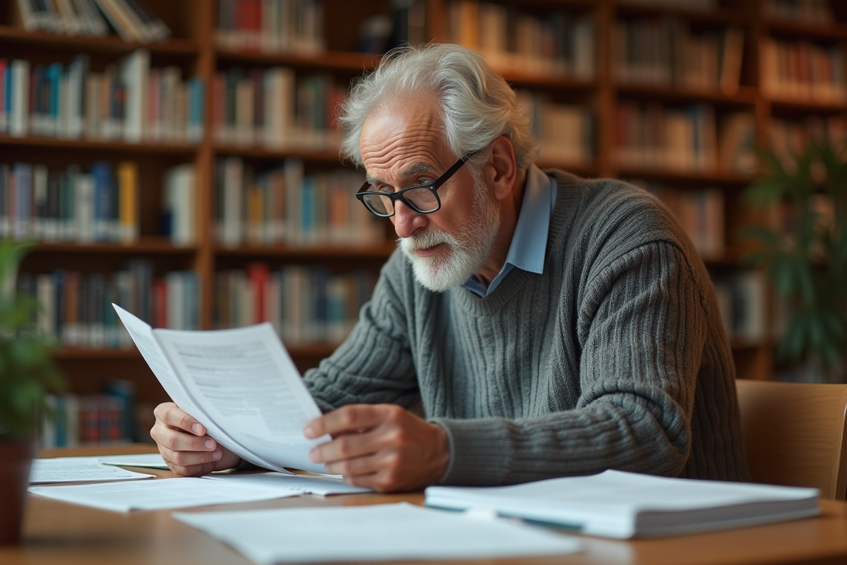 Homme lisant des documents dans une bibliothèque
