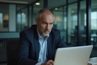 Homme d'affaires concentré devant un ordinateur en bureau moderne