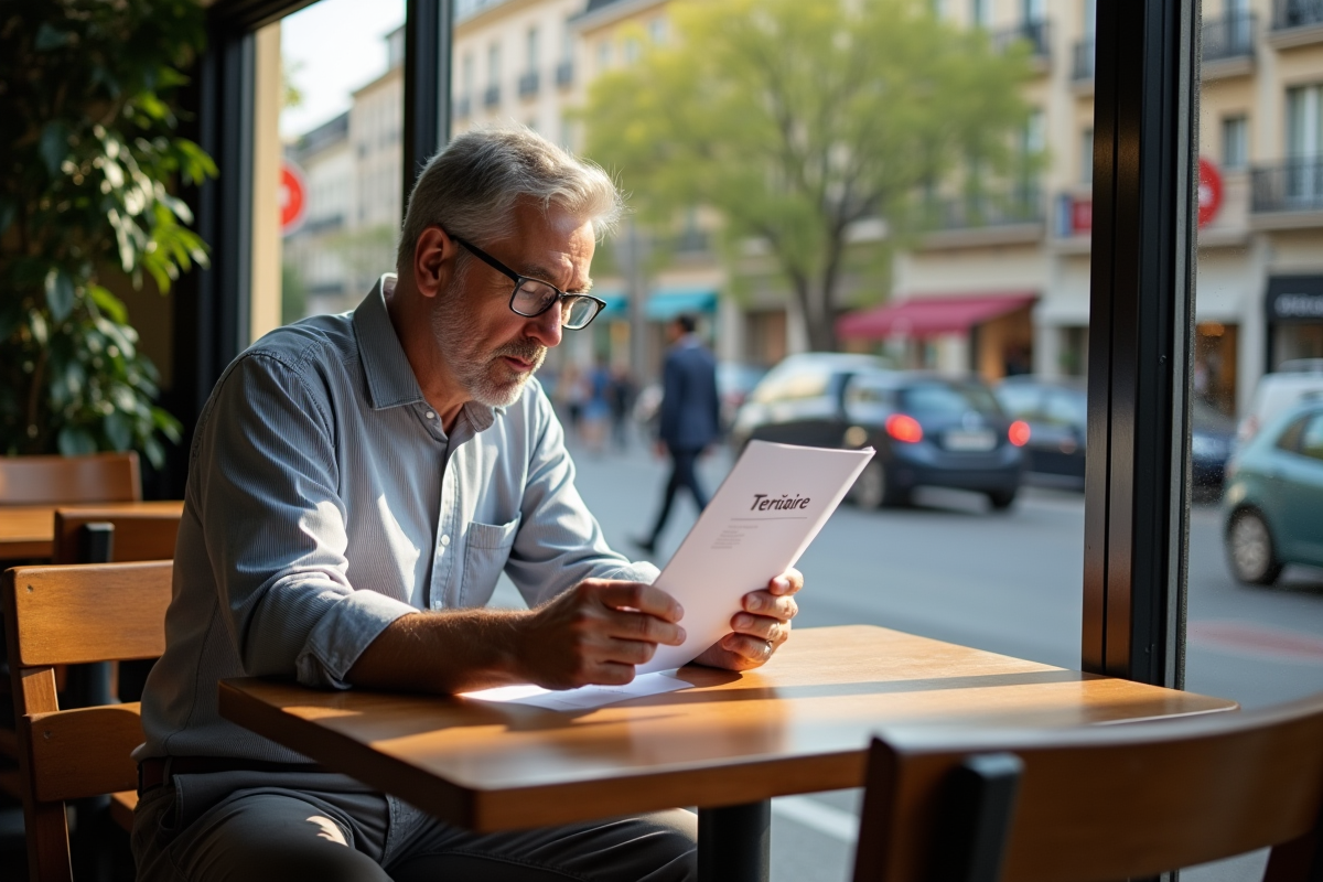 Homme lisant un rapport dans un café urbain