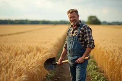 Homme en jeans et chemise &agrave; carreaux dans un champ de bl&eacute; dor&eacute;