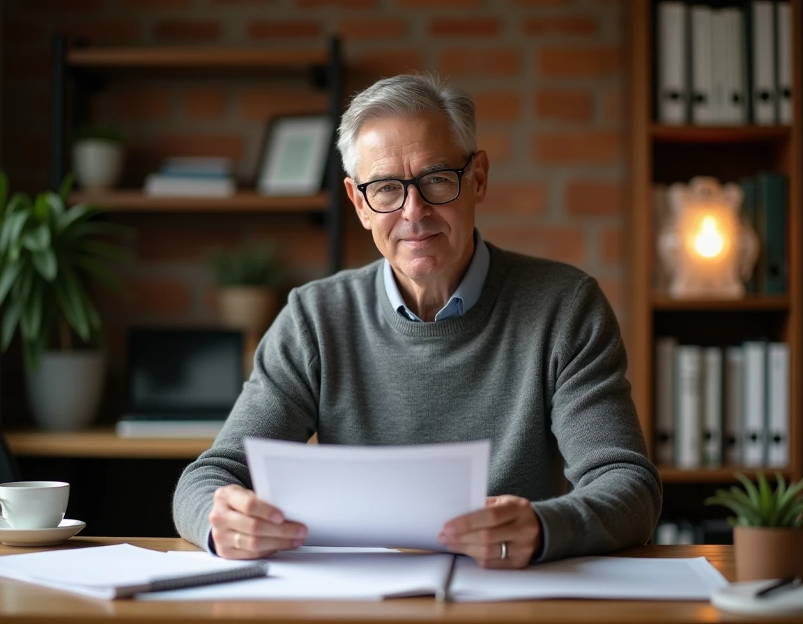 Homme triant et classant des documents administratifs dans un bureau à domicile pour préparer un dossier d'utilité publique
