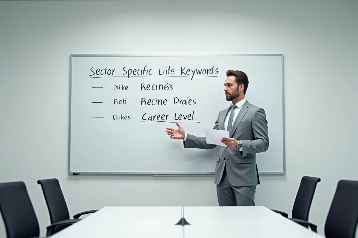 Homme en costume présentant des compétences commerciales adaptées par secteur devant un tableau blanc lors d'une session de coaching CV