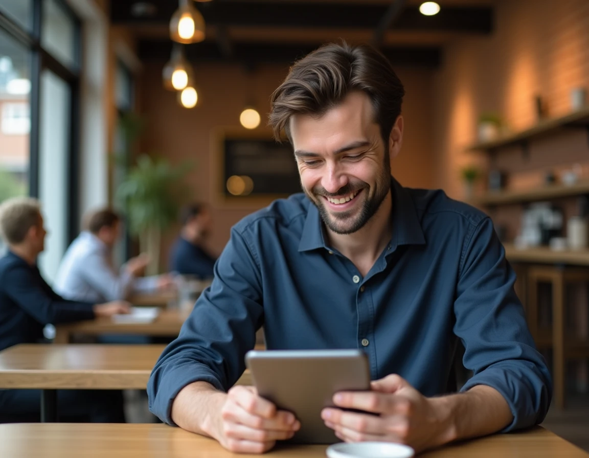 Homme consultant son espace personnel en ligne sur une tablette dans un café moderne