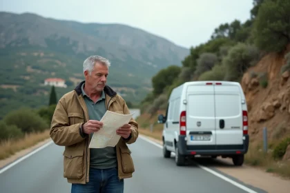 Homme corsicain en terrain rural avec van et carte