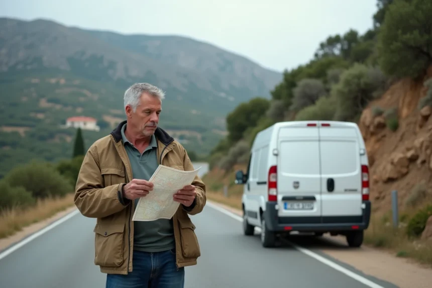 Homme corsicain en terrain rural avec van et carte