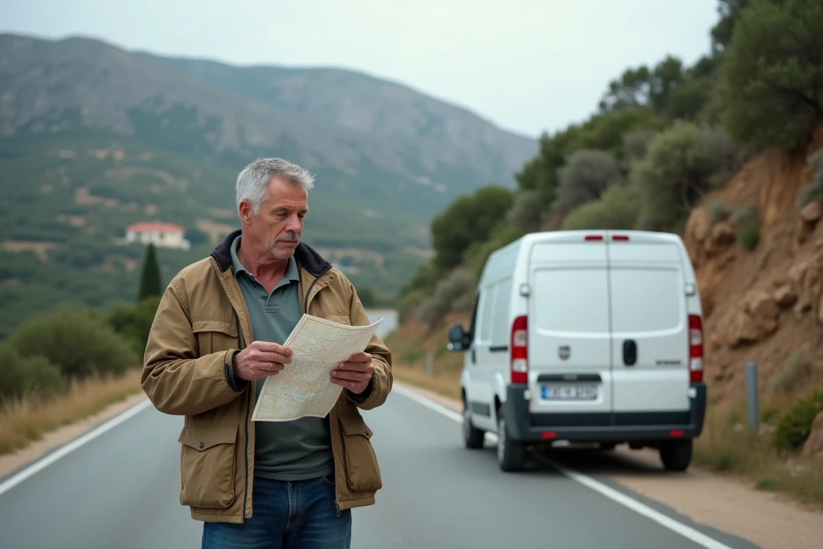 Homme corsicain en terrain rural avec van et carte