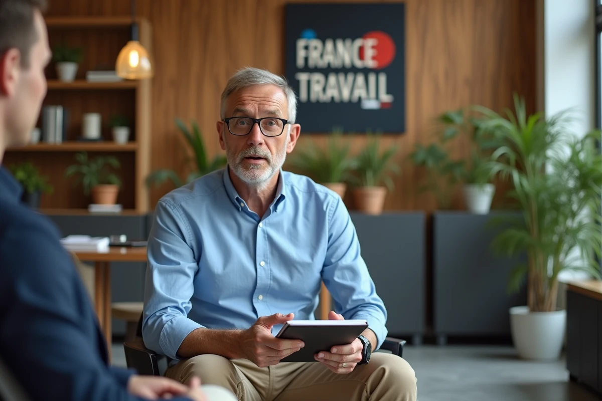 Homme en chemise bleue discutant dans un espace coworking France Travail