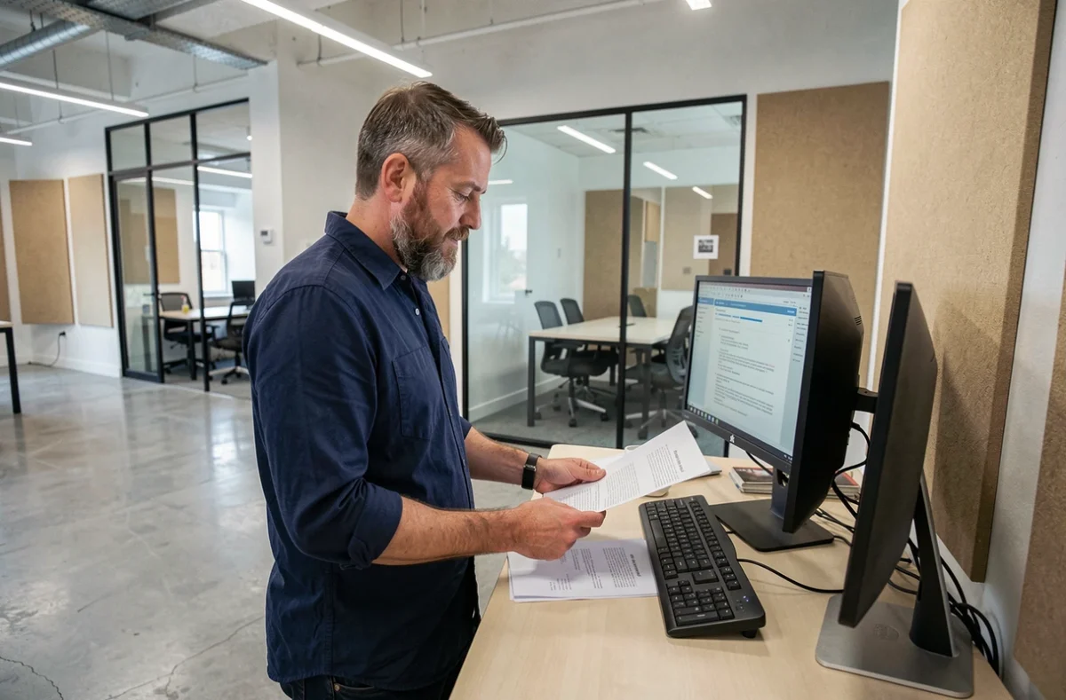 Homme debout à un bureau ajustable dans un open space de coworking moderne à Perpignan entouré de séparations en verre