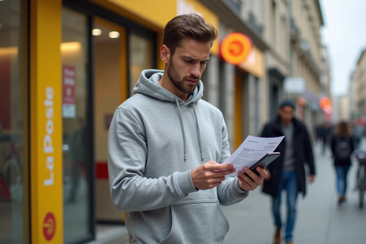 Homme devant une agence La Poste consultant un avis de transfert Infinite Remit Services sur smartphone