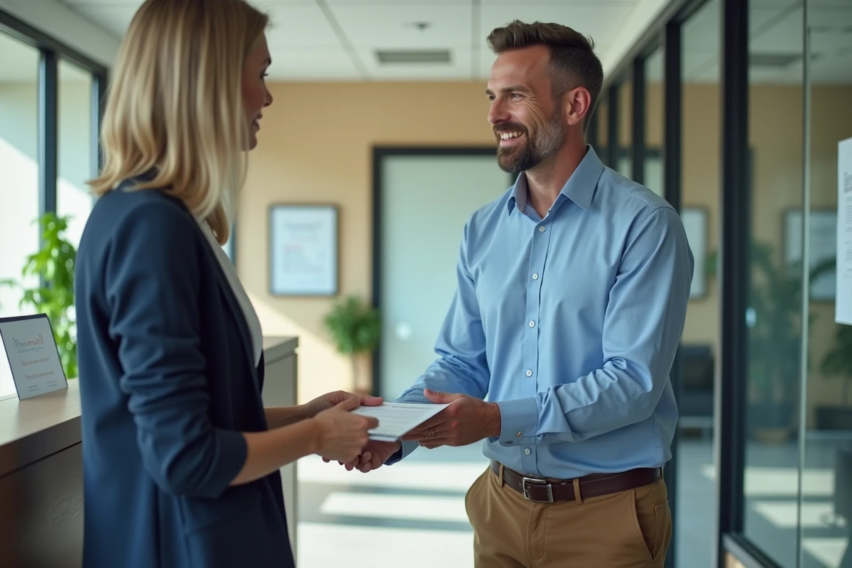 Homme d affaires remet un formulaire &agrave; une r&eacute;ceptionniste dans un bureau