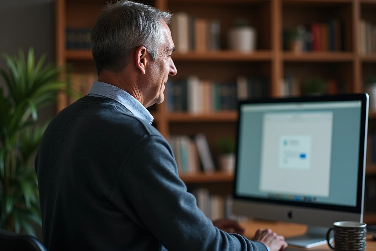 Homme en home office se connectant sur un grand écran d