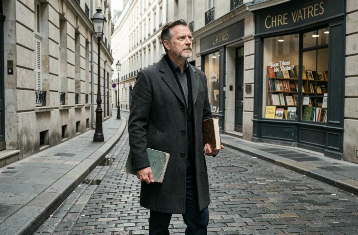 Homme en manteau tenant un livre dans une rue pavée du quartier littéraire parisien