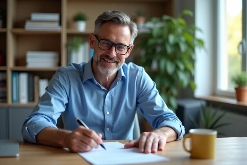 Homme d'&acirc;ge moyen remplissant un formulaire La Poste dans un bureau moderne