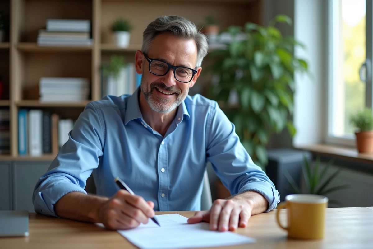 Homme d'âge moyen remplissant un formulaire La Poste dans un bureau moderne