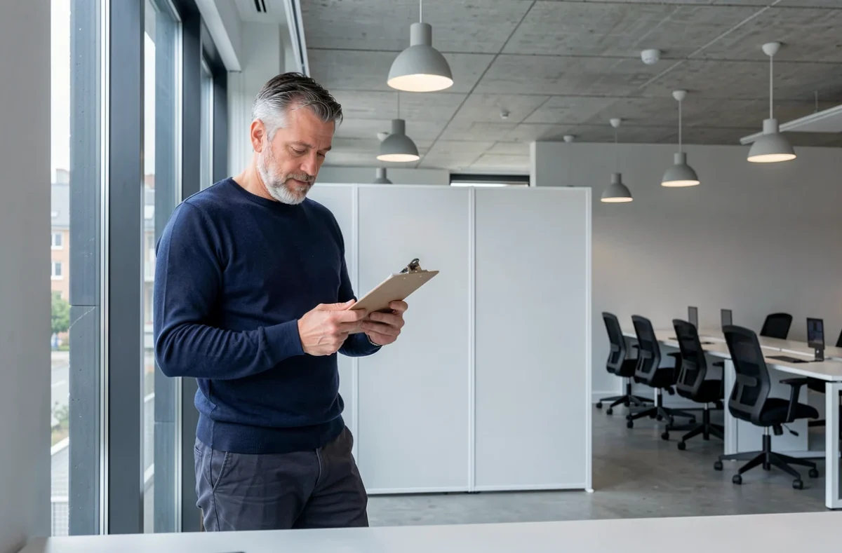 Homme professionnel consultant ses notes dans un coworking moderne de Limoges