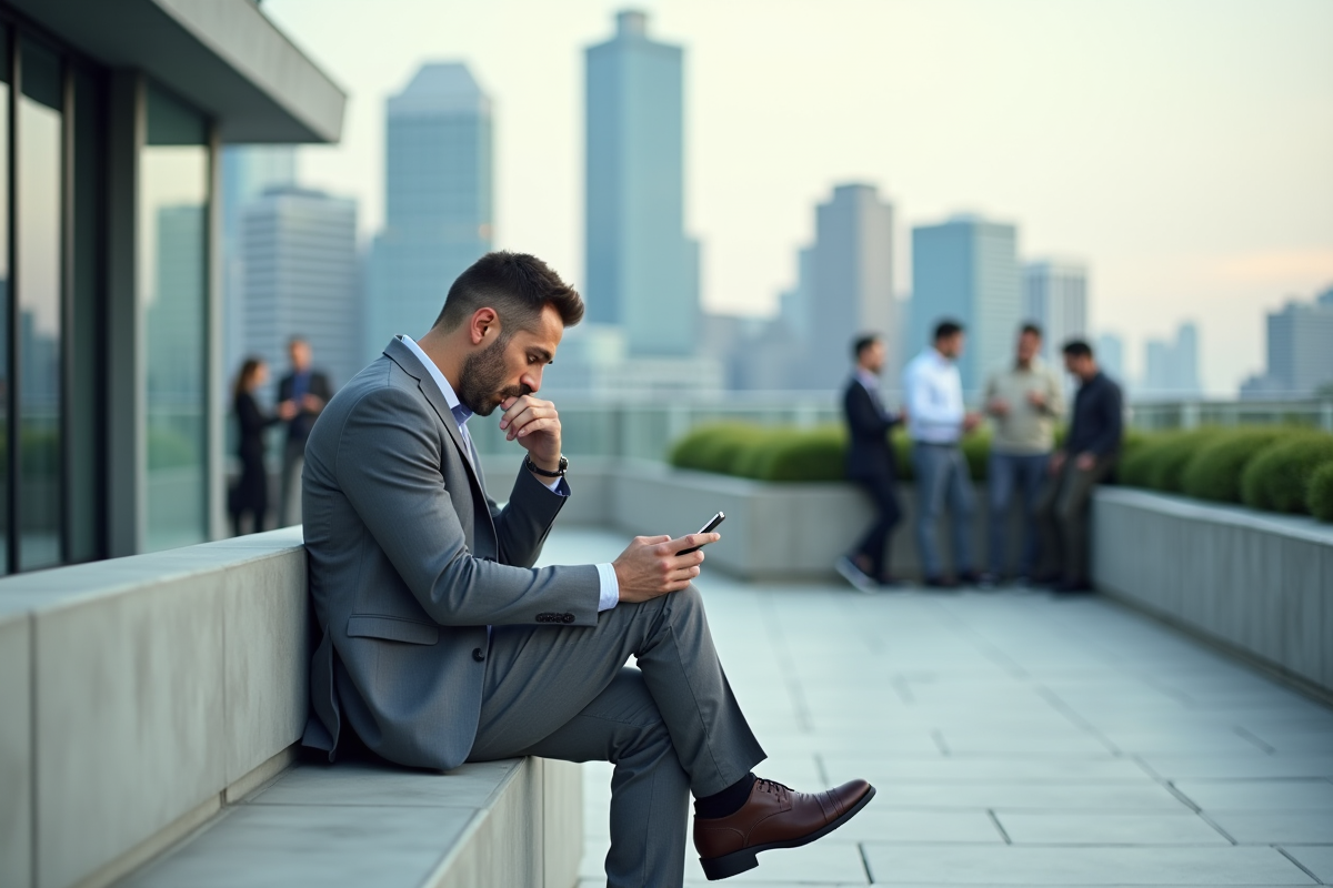 Homme en costume regardant son smartphone sur un toit