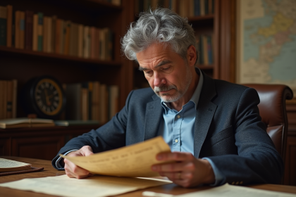 Homme d age lisant un document ancien dans un bureau