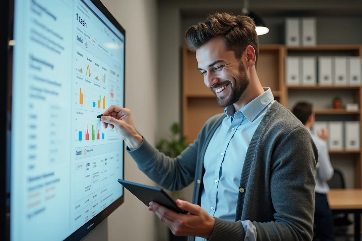 Homme utilisant une tablette pour consulter un tableau client
