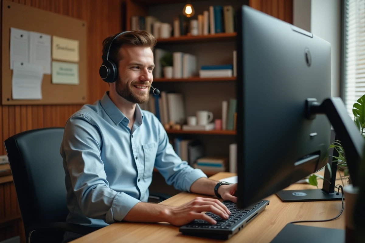 Homme en t&eacute;l&eacute;travail utilisant un casque et clavier dans son bureau