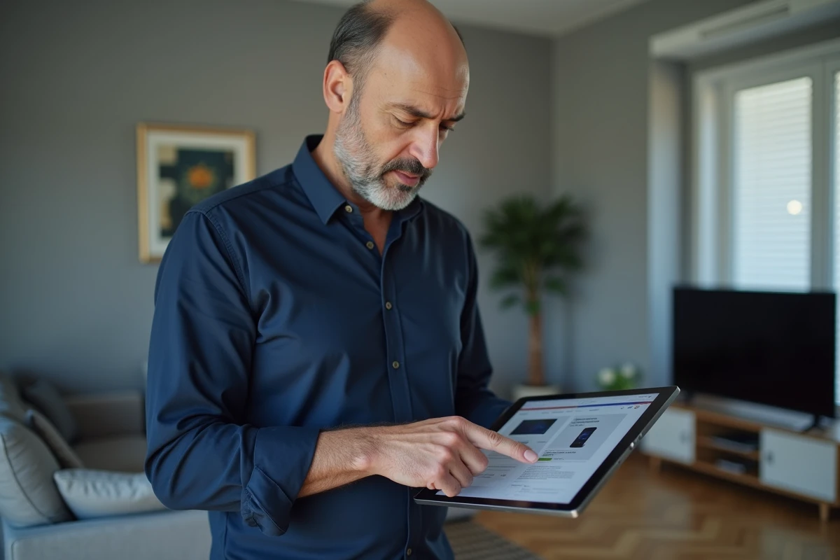 Homme consultant les détails d'un produit sur une tablette dans un salon moderne avant d'acheter sur Easytvshop