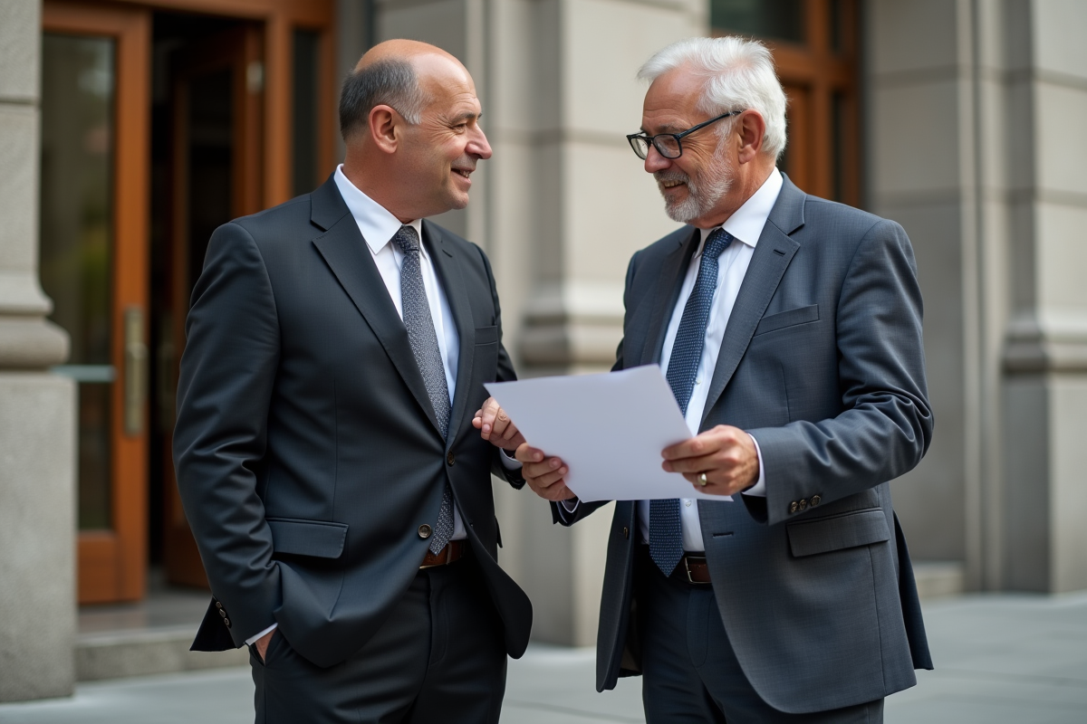 Deux hommes discutant devant un bâtiment officiel