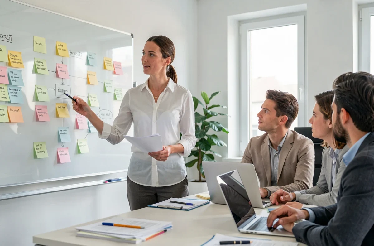 Équipe Idclair en réunion de stratégie digitale autour d'un tableau blanc dans leur bureau