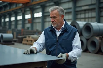 Ingénieur industriel examinant une tôle en acier dans un atelier de fabrication métallique